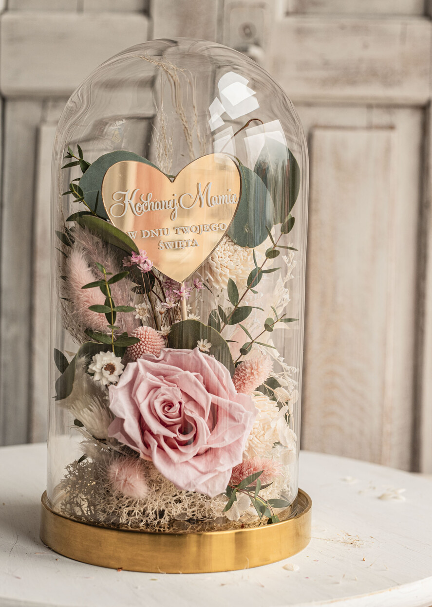 Prezenty dla Mamy kwiaty flowerboxy różowa wieczna róża w szklanej kopule, prezent dla mamy flowerbox z suszonych kwiatów, suszone kwiaty w szkle, kompozycja kwiatowa w kopułce ze szkła 2