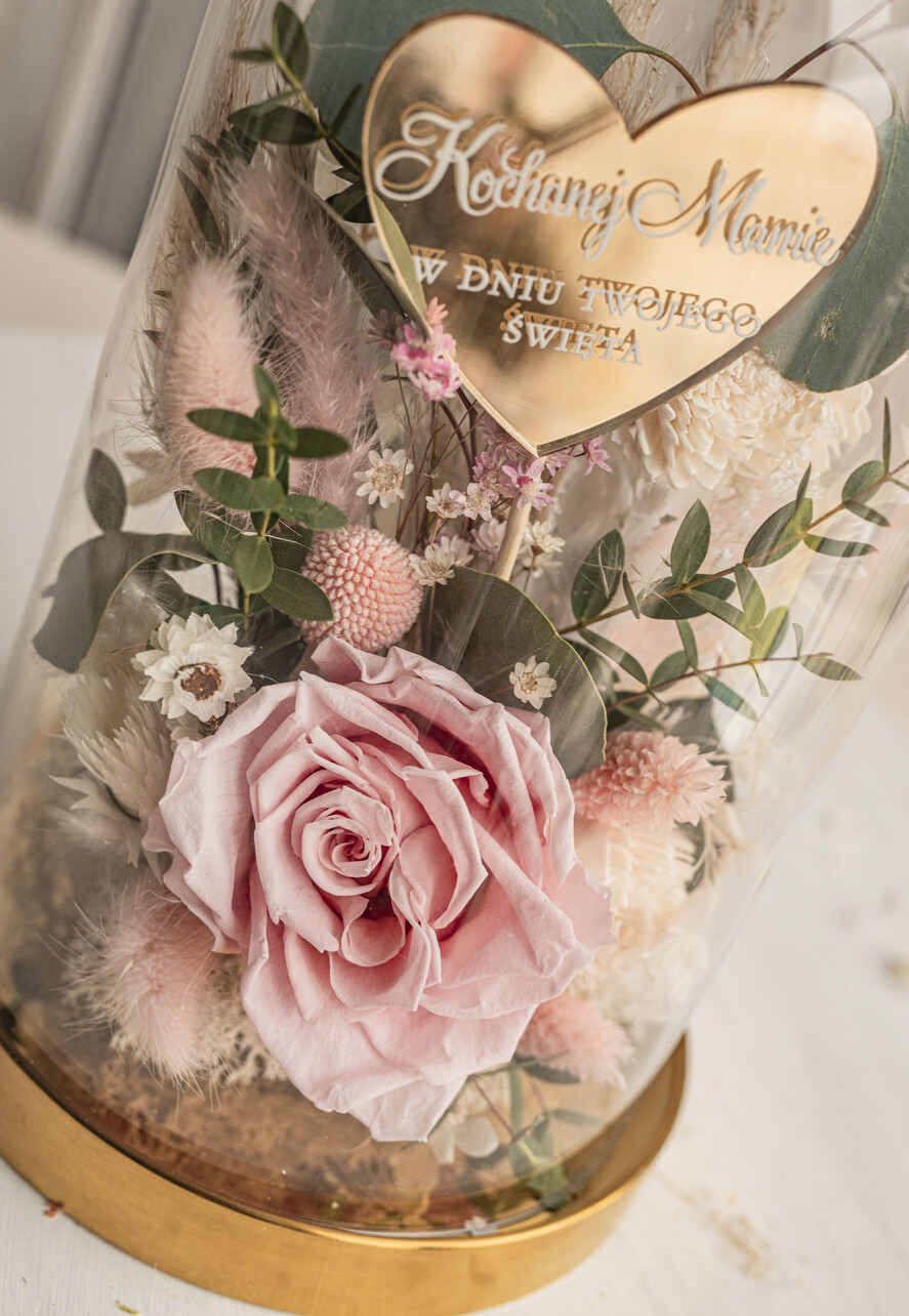 Prezenty dla Mamy kwiaty flowerboxy różowa wieczna róża w szklanej kopule, prezent dla mamy flowerbox z suszonych kwiatów, suszone kwiaty w szkle, kompozycja kwiatowa w kopułce ze szkła 5