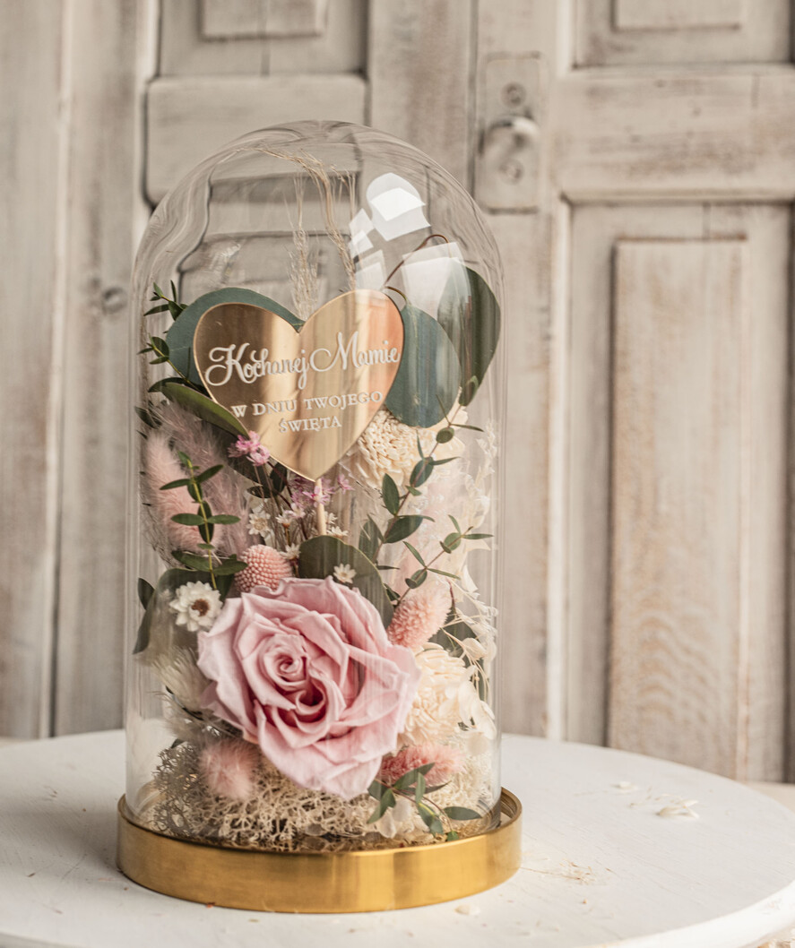 Prezenty dla Mamy kwiaty flowerboxy różowa wieczna róża w szklanej kopule, prezent dla mamy flowerbox z suszonych kwiatów, suszone kwiaty w szkle, kompozycja kwiatowa w kopułce ze szkła 6