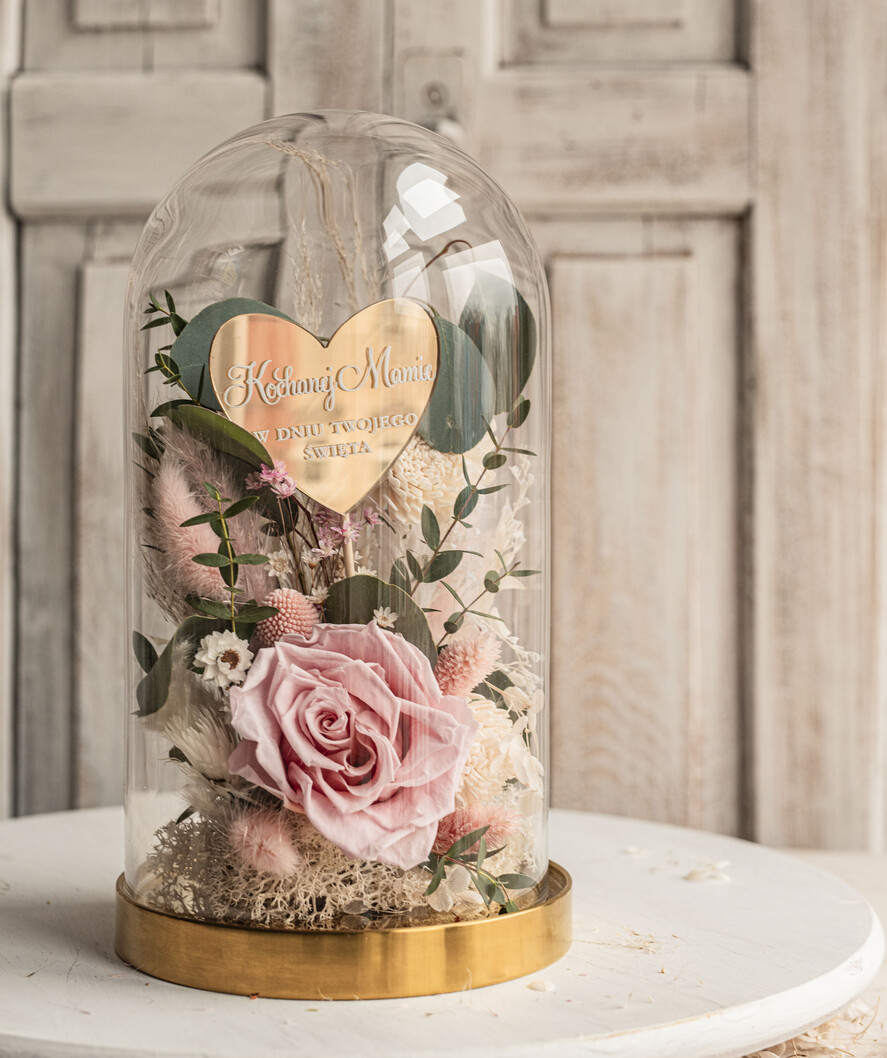 Prezenty dla Mamy kwiaty flowerboxy różowa wieczna róża w szklanej kopule, prezent dla mamy flowerbox z suszonych kwiatów, suszone kwiaty w szkle, kompozycja kwiatowa w kopułce ze szkła 8