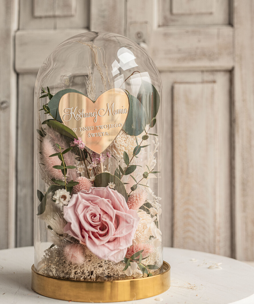 Prezenty dla Mamy kwiaty flowerboxy różowa wieczna róża w szklanej kopule, prezent dla mamy flowerbox z suszonych kwiatów, suszone kwiaty w szkle, kompozycja kwiatowa w kopułce ze szkła 9