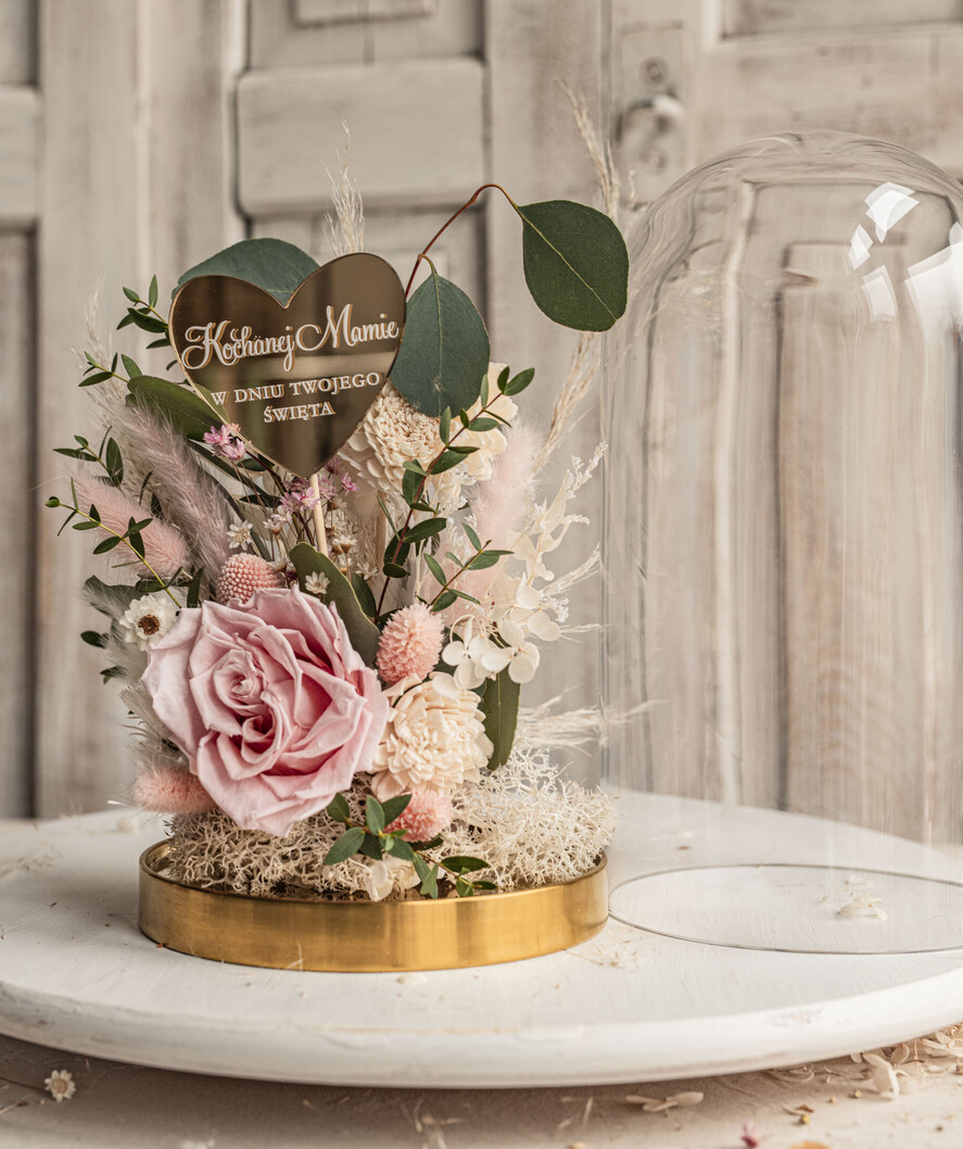 Prezenty dla Mamy kwiaty flowerboxy różowa wieczna róża w szklanej kopule, prezent dla mamy flowerbox z suszonych kwiatów, suszone kwiaty w szkle, kompozycja kwiatowa w kopułce ze szkła 11
