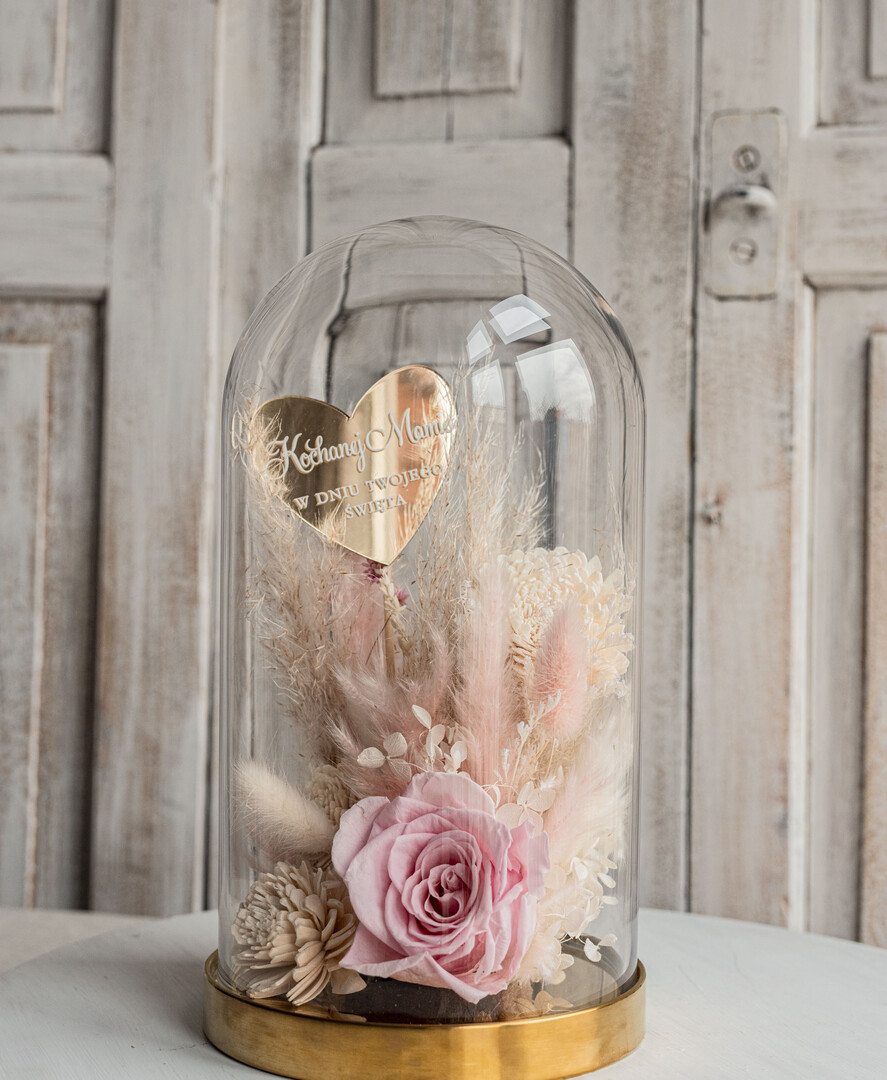 Prezenty dla Mamy flowerboxy, box ze słodyczami  flowerbox, pomysł na prezent prezent dla mamy kwiaty w kopule kompozycja z kwiatów suszonych wieczne roze,  kwiaty w szkle, rózowa wieczna róża27