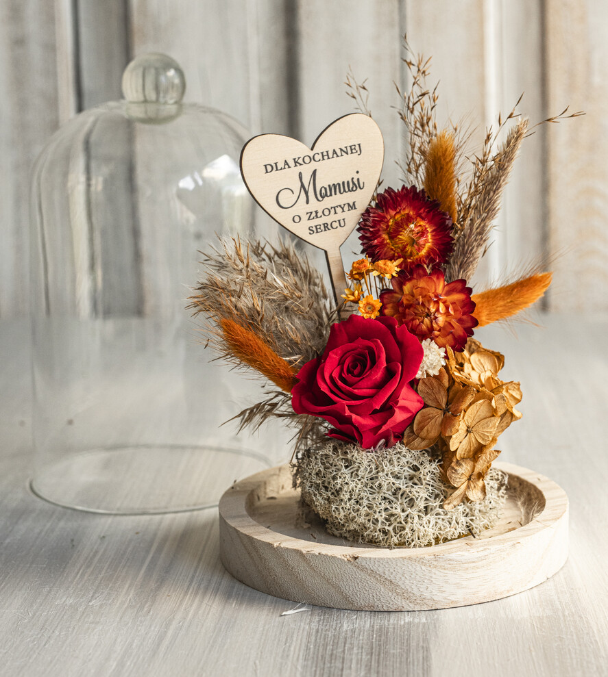 Prezenty dla Mamy kwiaty flowerboxy flowerbox, pomysł na prezent na dzień mamy, prezent dla mamy kwiaty w kopule kompozycja z kwiatów suszonych wieczne roze, kwiaty w szkle, bordowa wieczna róża2