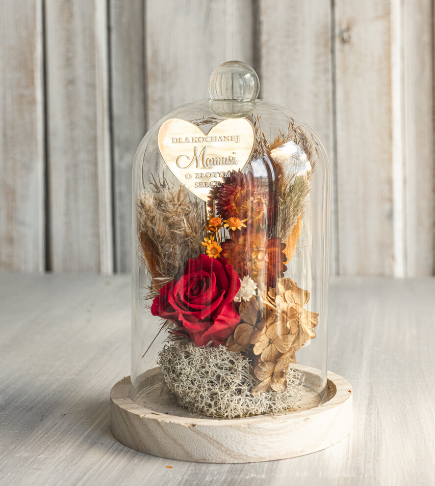 Prezenty dla Mamy kwiaty flowerboxy flowerbox, pomysł na prezent na dzień mamy, prezent dla mamy kwiaty w kopule kompozycja z kwiatów suszonych wieczne roze, kwiaty w szkle, bordowa wieczna róża5