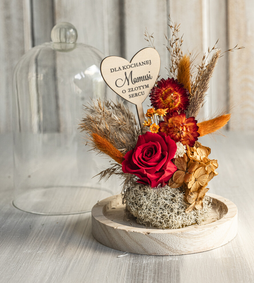 Prezenty dla Mamy flowerboxy, box ze słodyczami  flowerbox, pomysł na prezent na dzień mamy, prezent dla mamy kwiaty w kopule kompozycja z kwiatów suszonych wieczne roze, kwiaty w szkle, bordowa wieczna róża2