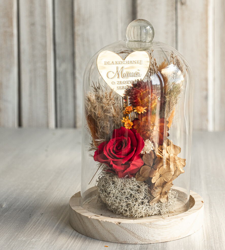 Prezenty dla Mamy flowerboxy, box ze słodyczami  flowerbox, pomysł na prezent na dzień mamy, prezent dla mamy kwiaty w kopule kompozycja z kwiatów suszonych wieczne roze, kwiaty w szkle, bordowa wieczna róża0
