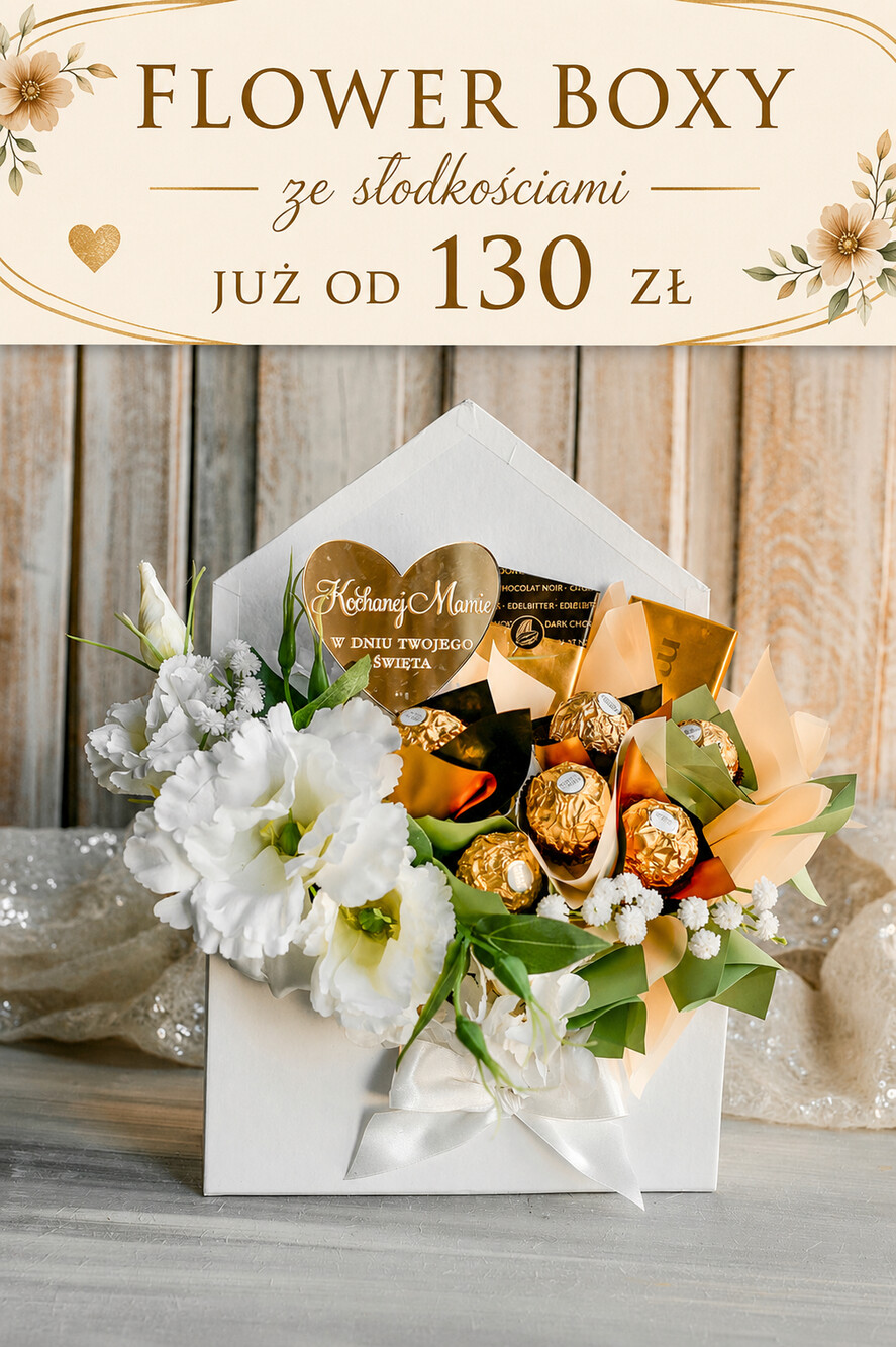 Prezenty dla Mamy flowerboxy, box ze słodyczami  Elegancki flowerbox z sztucznymi kwiatami i słodyczami to wyjątkowy prezent dla mamy. Piękna kompozycja w ozdobnym pudełku – gotowy upominek na każdą okazję. Prezent z okazji dnia mamy7