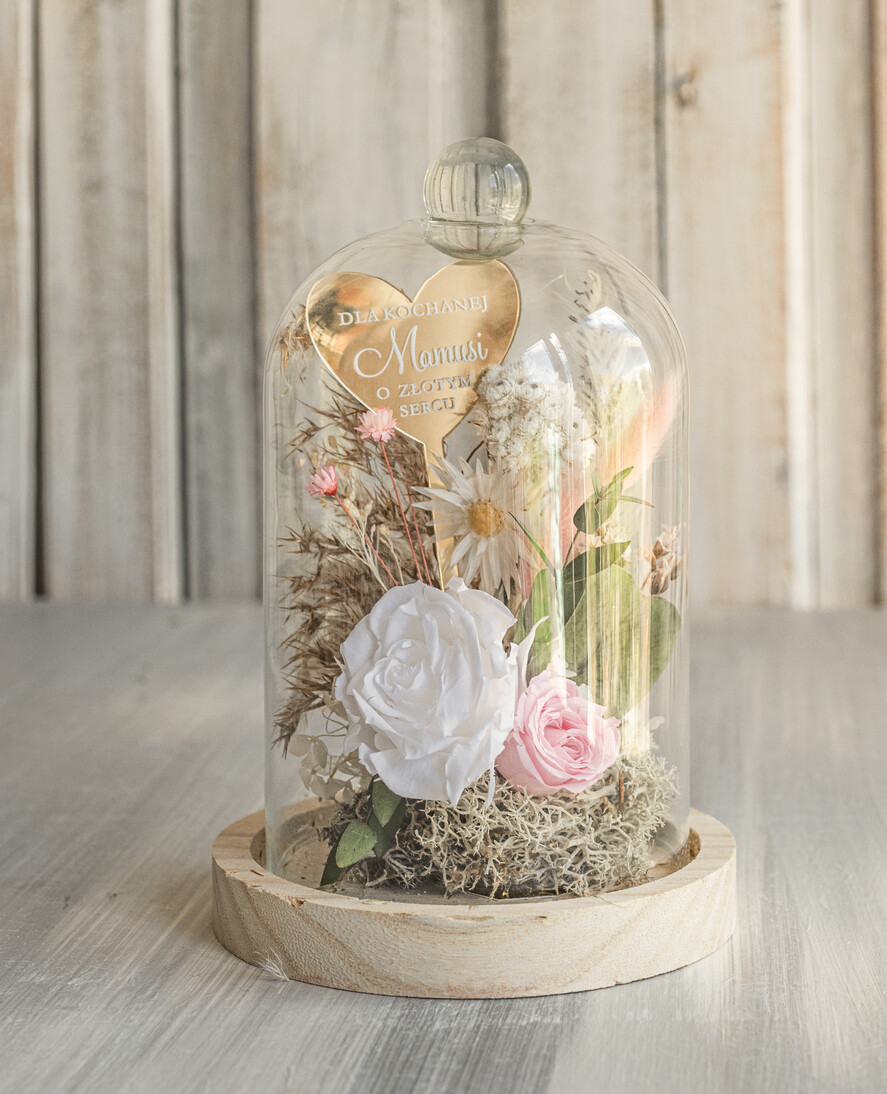 Prezenty dla Mamy kwiaty flowerboxy wieczna róża w szklanej kopule, prezent dla mamy flowerbox z suszonych kwiatów, suszone kwiaty w szkle, kompozycja kwiatowa w kopułce ze szkła4