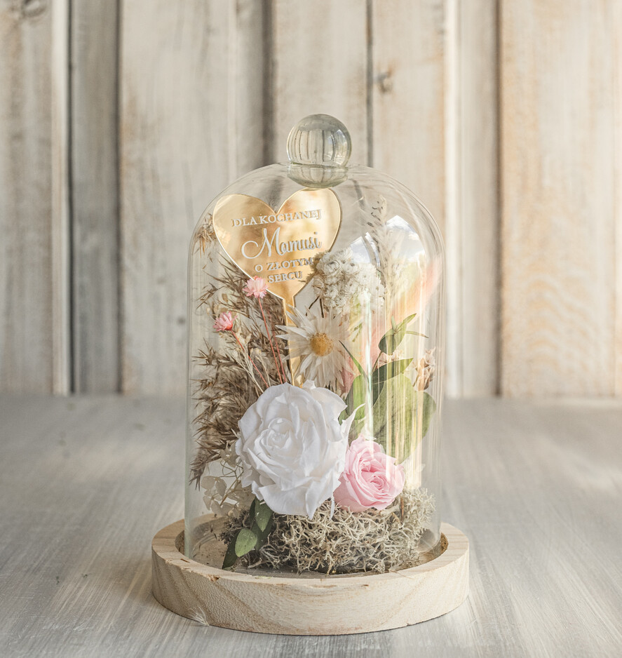 Prezenty dla Mamy kwiaty flowerboxy wieczna róża w szklanej kopule, prezent dla mamy flowerbox z suszonych kwiatów, suszone kwiaty w szkle, kompozycja kwiatowa w kopułce ze szkła5