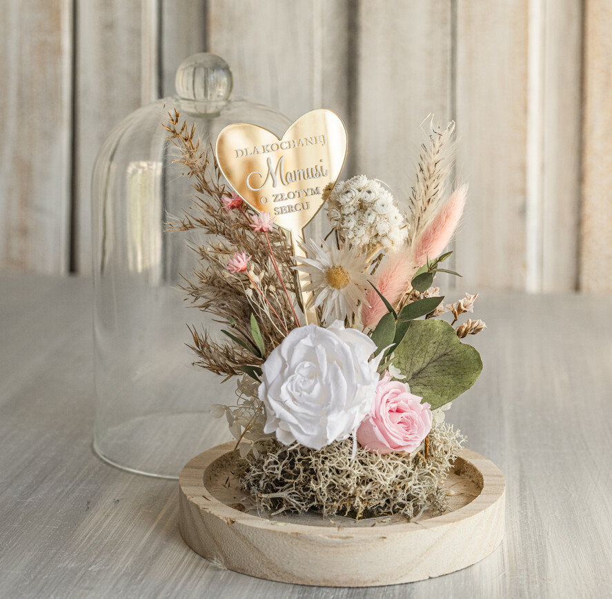Prezenty dla Mamy kwiaty flowerboxy wieczna róża w szklanej kopule, prezent dla mamy flowerbox z suszonych kwiatów, suszone kwiaty w szkle, kompozycja kwiatowa w kopułce ze szkła3