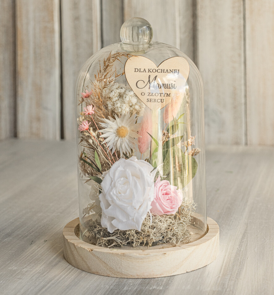 Prezenty dla Mamy kwiaty flowerboxy wieczna róża w szklanej kopule, prezent dla mamy flowerbox z suszonych kwiatów, suszone kwiaty w szkle, kompozycja kwiatowa w kopułce ze szkła1