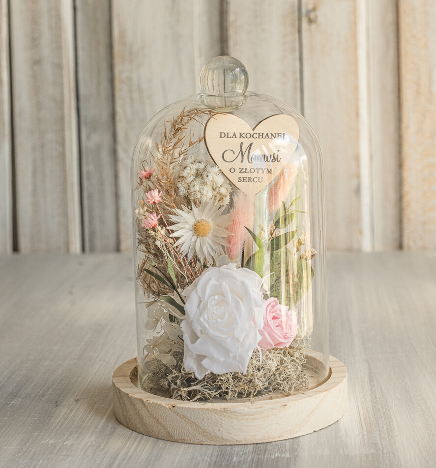Prezenty dla Mamy kwiaty flowerboxy wieczna róża w szklanej kopule, prezent dla mamy flowerbox z suszonych kwiatów, suszone kwiaty w szkle, kompozycja kwiatowa w kopułce ze szkła7