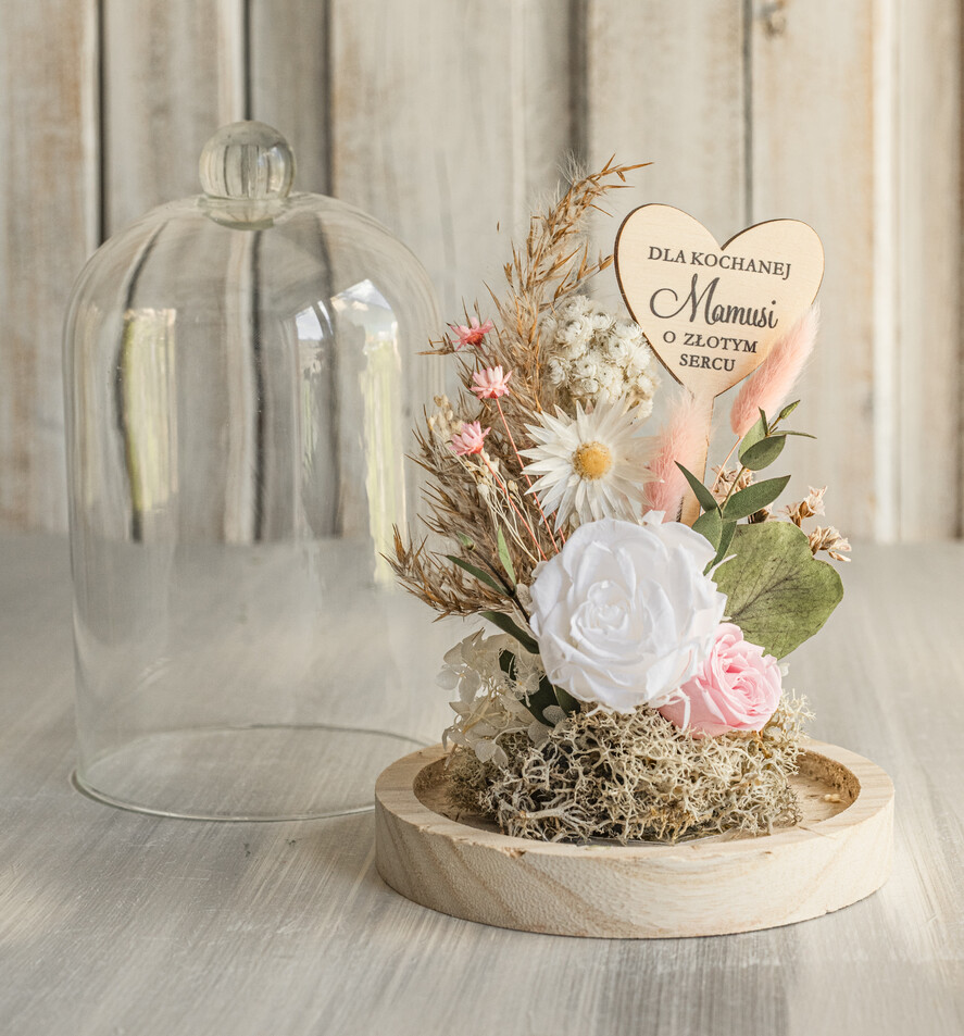 Prezenty dla Mamy kwiaty flowerboxy wieczna róża w szklanej kopule, prezent dla mamy flowerbox z suszonych kwiatów, suszone kwiaty w szkle, kompozycja kwiatowa w kopułce ze szkła2