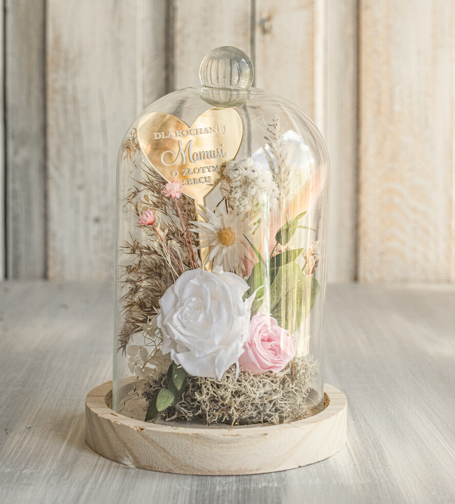 Prezenty dla Mamy flowerboxy, box ze słodyczami  wieczna róża w szklanej kopule, prezent dla mamy flowerbox z suszonych kwiatów, suszone kwiaty w szkle, kompozycja kwiatowa w kopułce ze szkła0