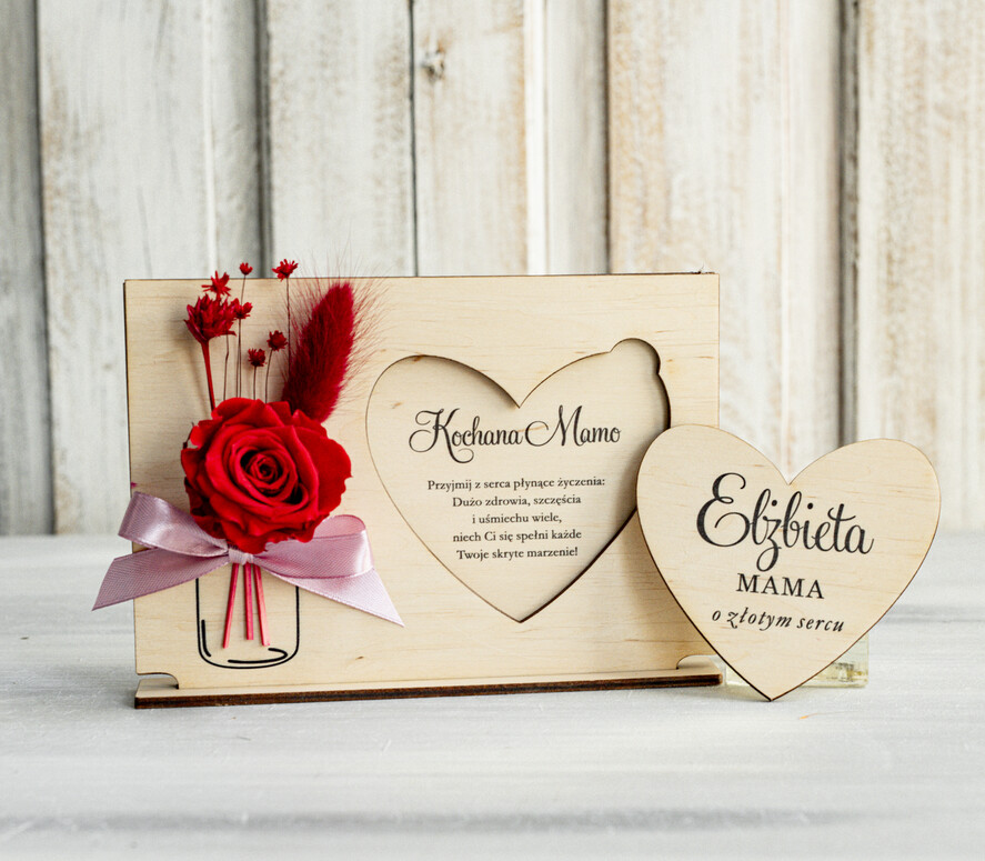 Prezenty dla Mamy kwiaty flowerboxy drewniana tabliczka z życzeniami na dzień Mamy z wieczną rożą prezent z okazji dnia Matki, kwiaty prezent dla mamy,1