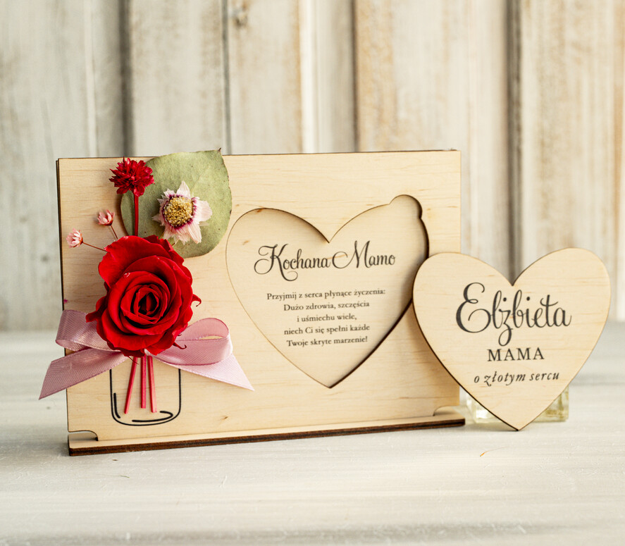 Prezenty dla Mamy kwiaty flowerboxy drewniana tabliczka z życzeniami na dzień Mamy z wieczną rożą prezent z okazji dnia Matki, kwiaty prezent dla mamy,1
