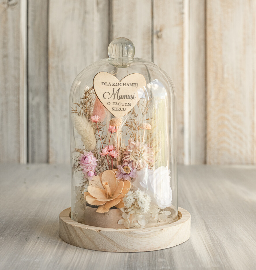 Prezenty dla Mamy kwiaty flowerboxy kompozycja kwiatowa w szklanej kopule, prezent dla mamy flowerbox z suszonych kwiatów, suszone kwiaty w szkle, prezent na dzień mamy kwiaty1