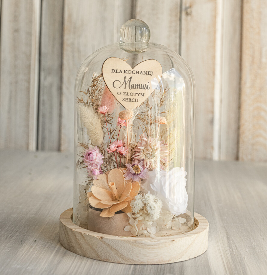 Prezenty dla Mamy kwiaty flowerboxy kompozycja kwiatowa w szklanej kopule, prezent dla mamy flowerbox z suszonych kwiatów, suszone kwiaty w szkle, prezent na dzień mamy kwiaty4