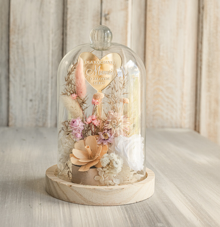 Prezenty dla Mamy kwiaty flowerboxy kompozycja kwiatowa w szklanej kopule, prezent dla mamy flowerbox z suszonych kwiatów, suszone kwiaty w szkle, prezent na dzień mamy kwiaty6