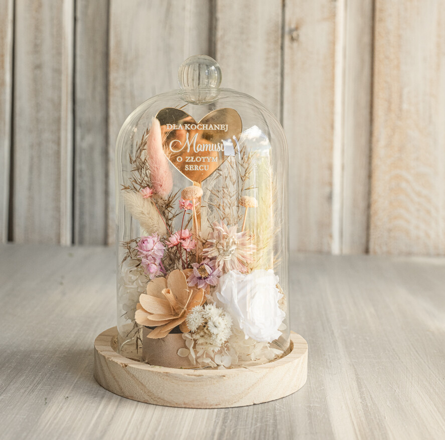 Prezenty dla Mamy kwiaty flowerboxy kompozycja kwiatowa w szklanej kopule, prezent dla mamy flowerbox z suszonych kwiatów, suszone kwiaty w szkle, prezent na dzień mamy kwiaty7