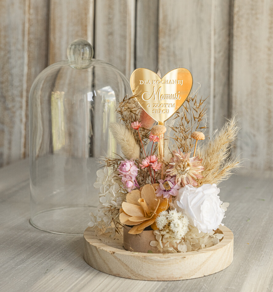 Prezenty dla Mamy kwiaty flowerboxy kompozycja kwiatowa w szklanej kopule, prezent dla mamy flowerbox z suszonych kwiatów, suszone kwiaty w szkle, prezent na dzień mamy kwiaty9