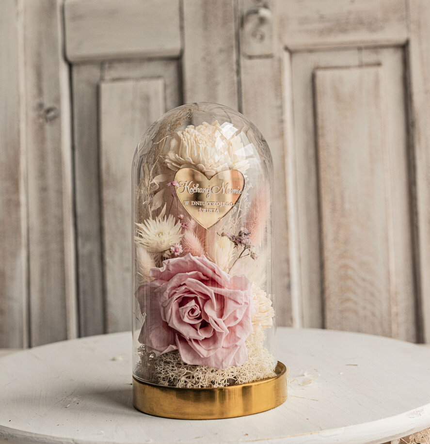 Prezenty dla Mamy kwiaty flowerboxy pomysł na prezent dla Mamy na urodziny kwiaty w szklanej kopule, prezent na dzień Mamy suszone kwiaty w szkle, szklana kopuła z wieczną różą3