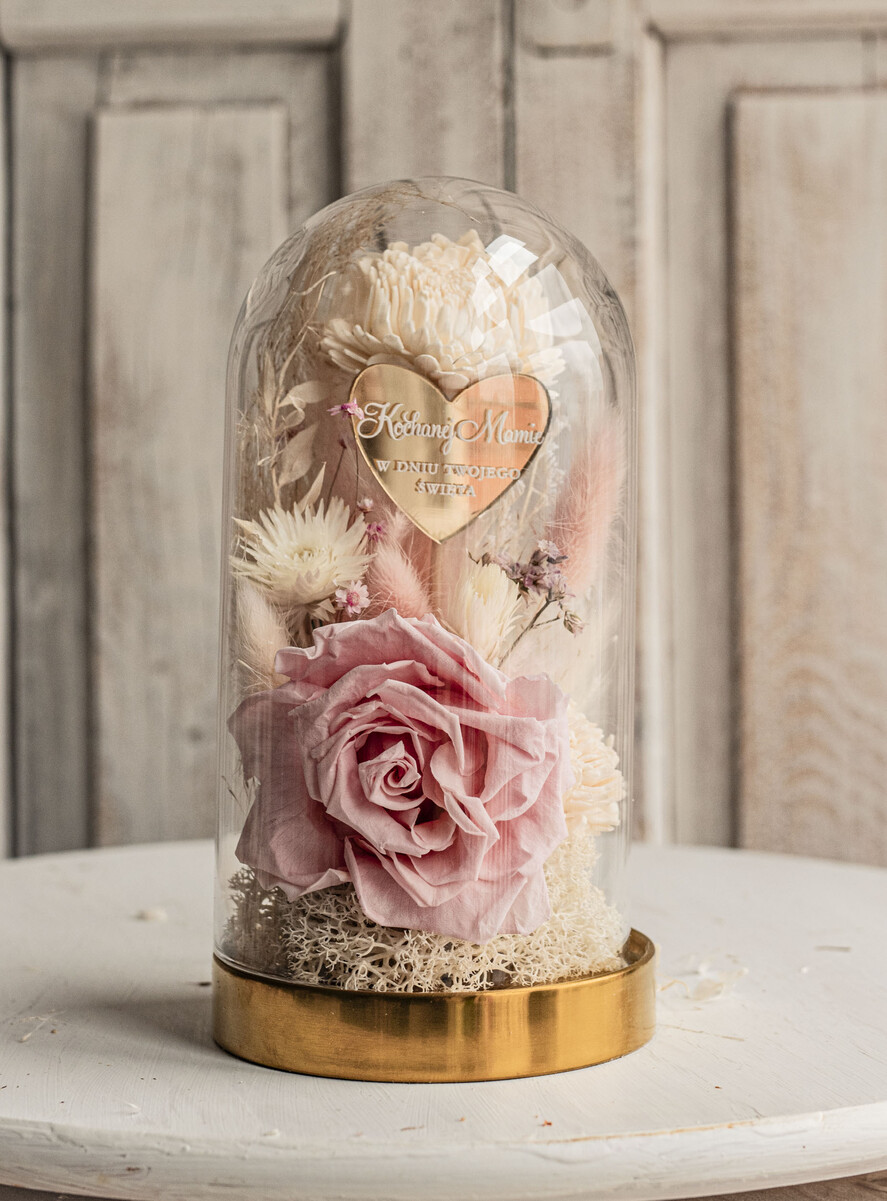 Prezenty dla Mamy kwiaty flowerboxy pomysł na prezent dla Mamy na urodziny kwiaty w szklanej kopule, prezent na dzień Mamy suszone kwiaty w szkle, szklana kopuła z wieczną różą0