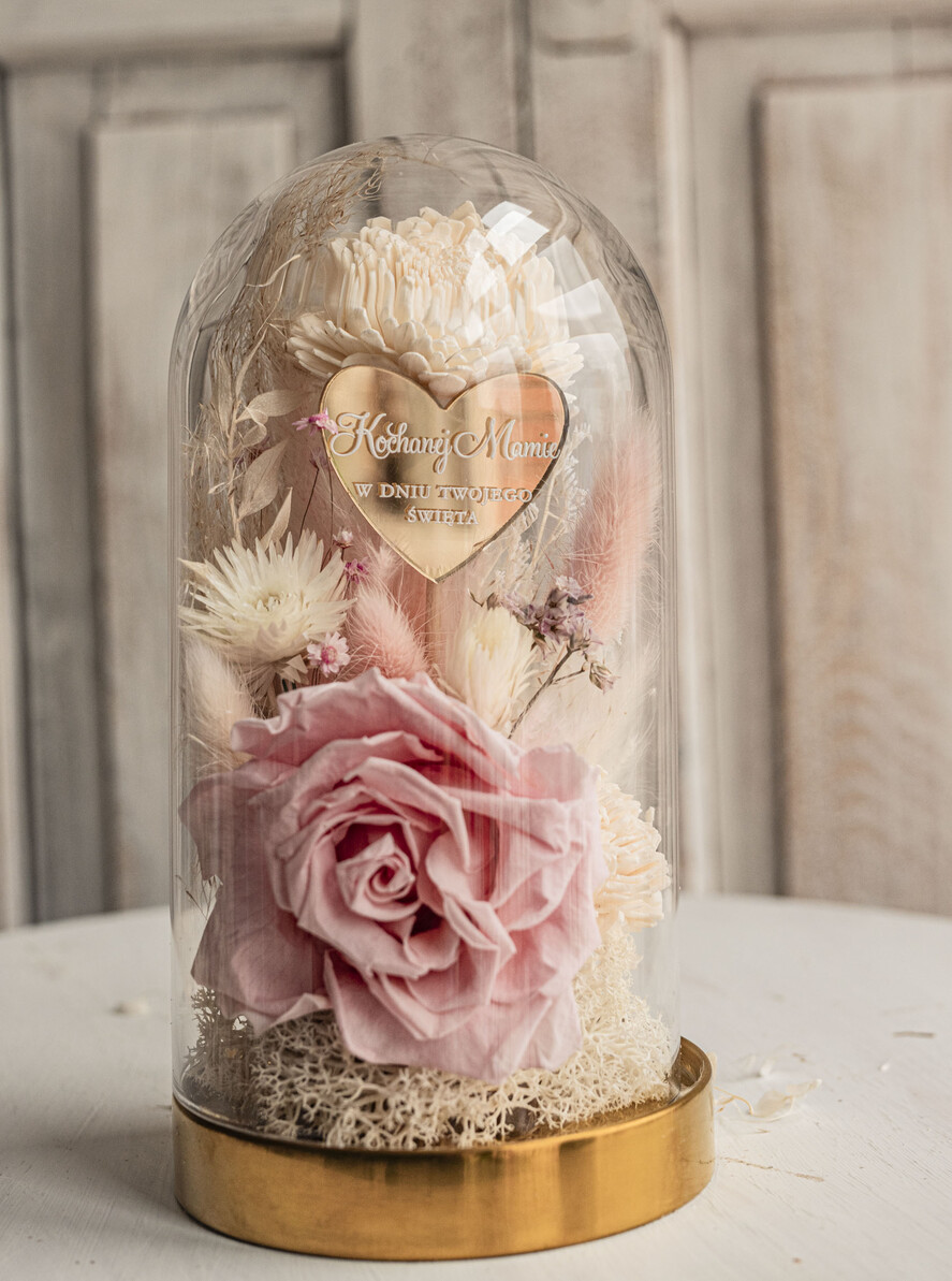 Prezenty dla Mamy kwiaty flowerboxy pomysł na prezent dla Mamy na urodziny kwiaty w szklanej kopule, prezent na dzień Mamy suszone kwiaty w szkle, szklana kopuła z wieczną różą1