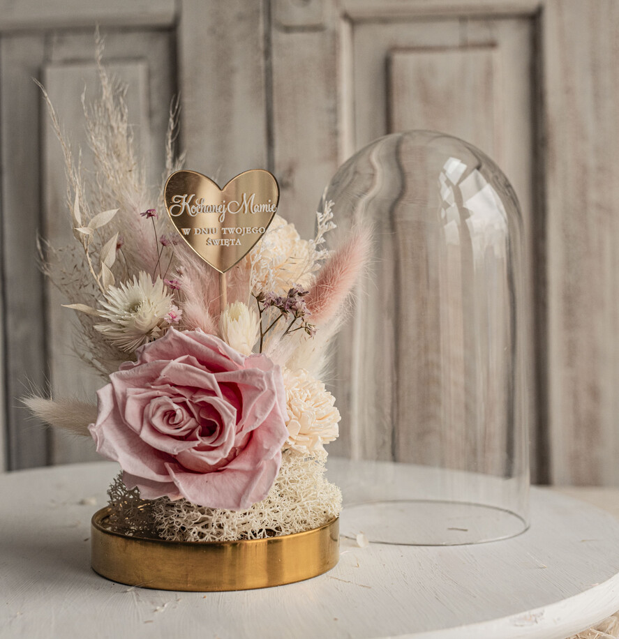 Prezenty dla Mamy kwiaty flowerboxy pomysł na prezent dla Mamy na urodziny kwiaty w szklanej kopule, prezent na dzień Mamy suszone kwiaty w szkle, szklana kopuła z wieczną różą5