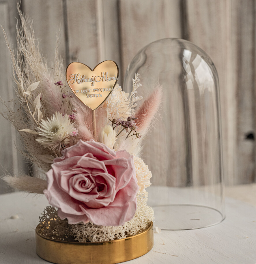Prezenty dla Mamy kwiaty flowerboxy pomysł na prezent dla Mamy na urodziny kwiaty w szklanej kopule, prezent na dzień Mamy suszone kwiaty w szkle, szklana kopuła z wieczną różą4