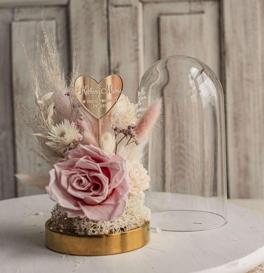 Prezenty dla Mamy kwiaty flowerboxy pomysł na prezent dla Mamy na urodziny kwiaty w szklanej kopule, prezent na dzień Mamy suszone kwiaty w szkle, szklana kopuła z wieczną różą2