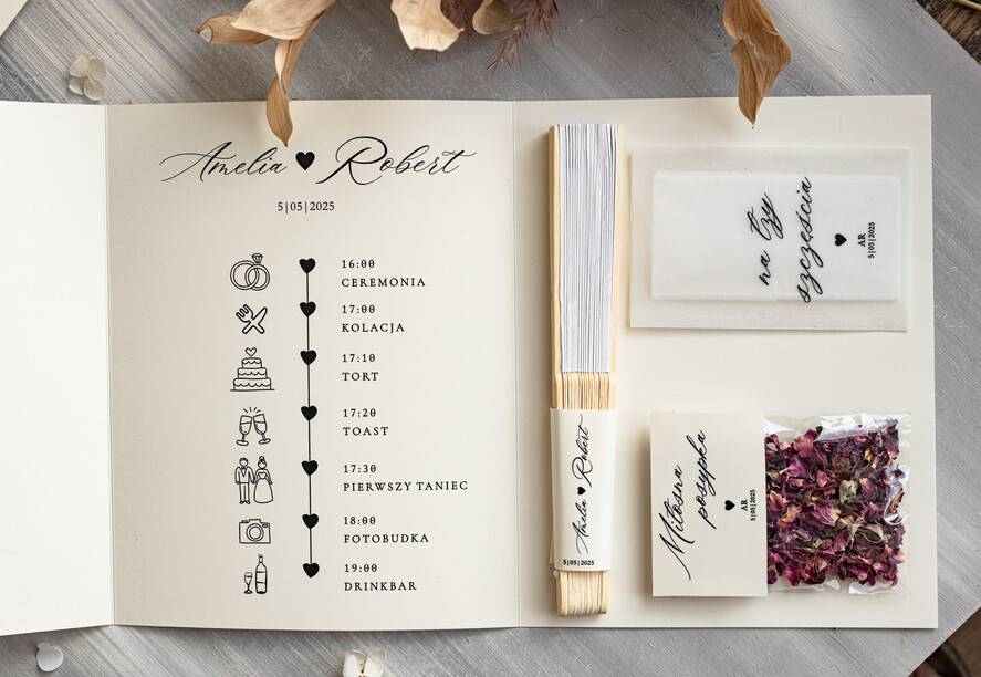 Dekoracje Sali weselnej/Dodatki do Zdjęć Zestaw na ślub w plenerze Zestaw na ślub w plenerze - wachlarz chusteczki i płatkowe konfetti- weselna linia czasu - timeline - prezent dla gości13