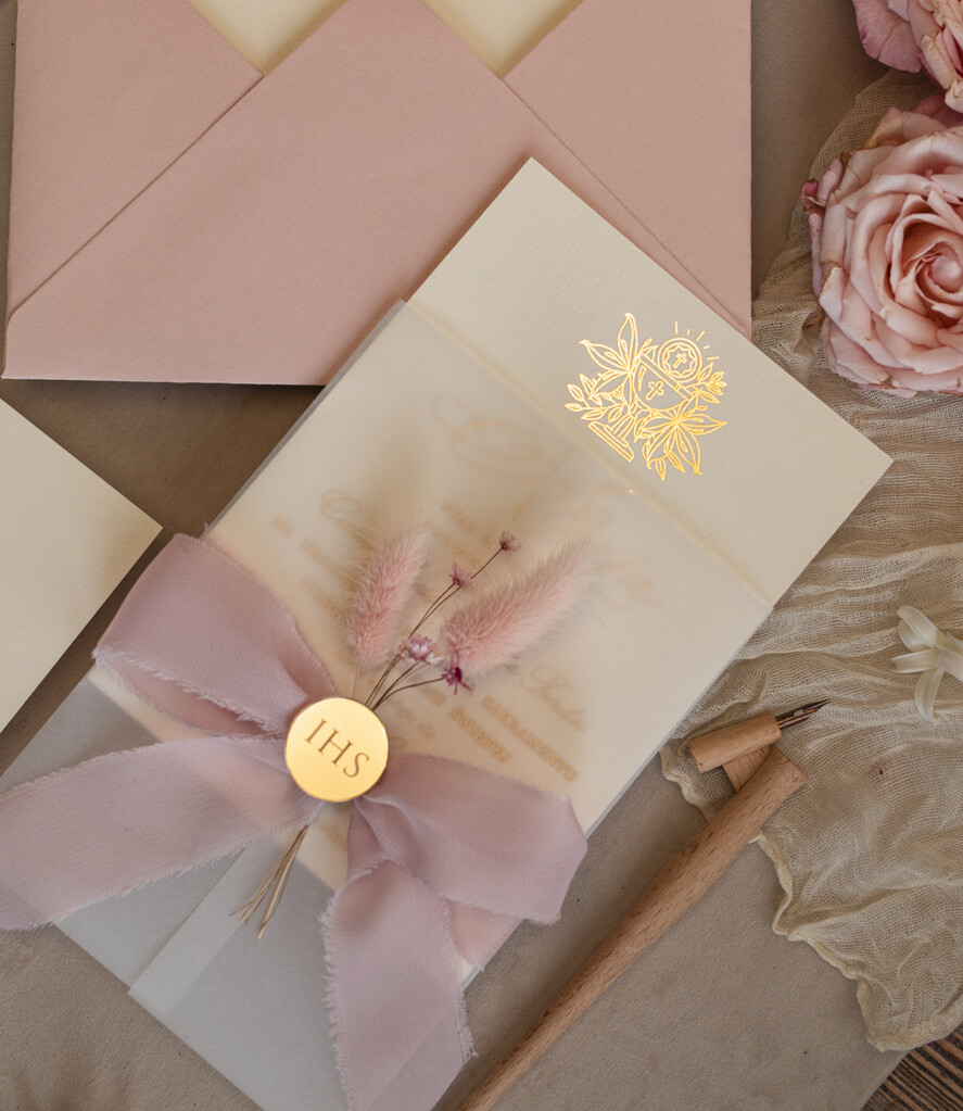 Zaproszenia na Komunię dla Dziewczynki dziewczynka  Różowe zaproszenia komunijne z dmuszkiem dla dziewczynki, zaproszenia na komunię ze wstążką, złote zaproszenia na komunię, zaproszenia na Pierwszą Komunię2