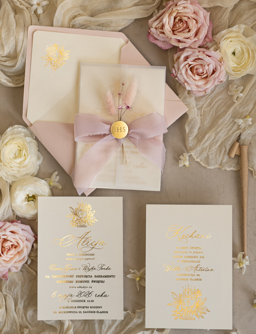 Zaproszenia na Komunię dla Dziewczynki dziewczynka  Różowe zaproszenia komunijne z dmuszkiem dla dziewczynki, zaproszenia na komunię ze wstążką, złote zaproszenia na komunię, zaproszenia na Pierwszą Komunię5