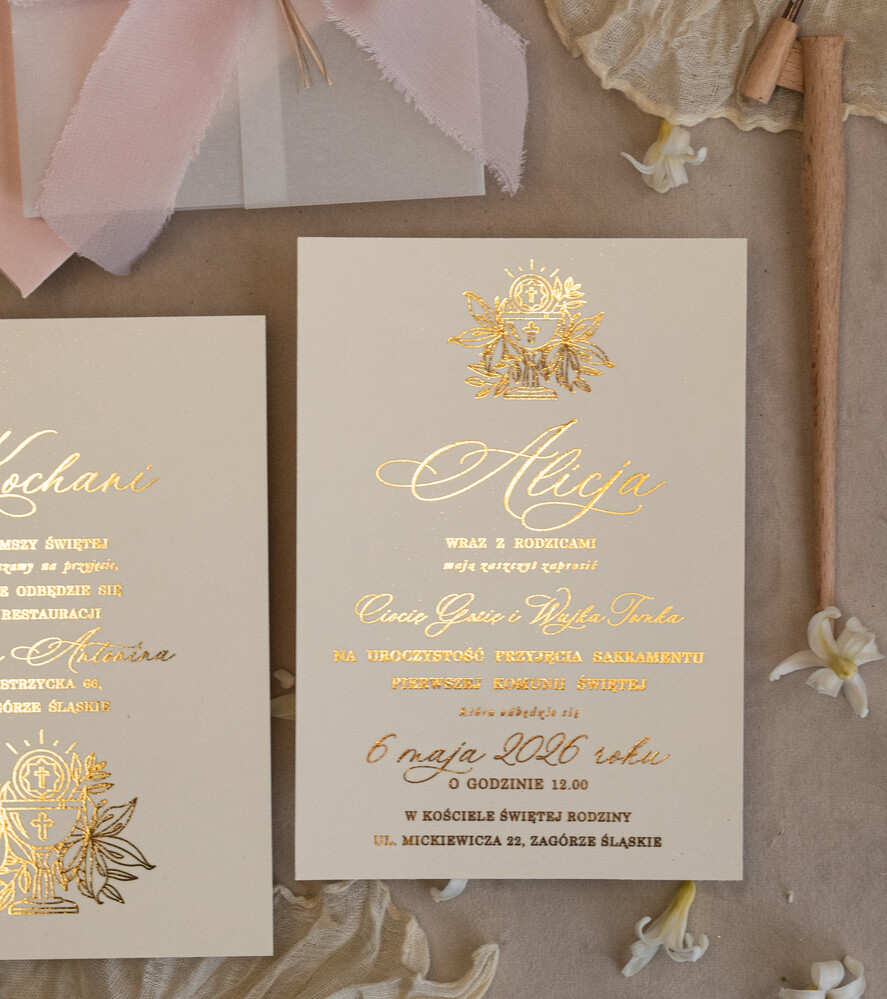 Zaproszenia na Komunię  dziewczynka  Różowe zaproszenia komunijne z dmuszkiem dla dziewczynki, zaproszenia na komunię ze wstążką, złote zaproszenia na komunię, zaproszenia na Pierwszą Komunię6