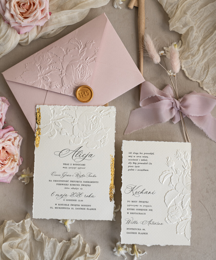 Zaproszenia na Komunię  dziewczynka  Różowe zaproszenia komunijne z dmuszkiem dla dziewczynki, zaproszenia na komunię ze wstążką, złote zaproszenia na komunię, zaproszenia na Pierwszą Komunię1