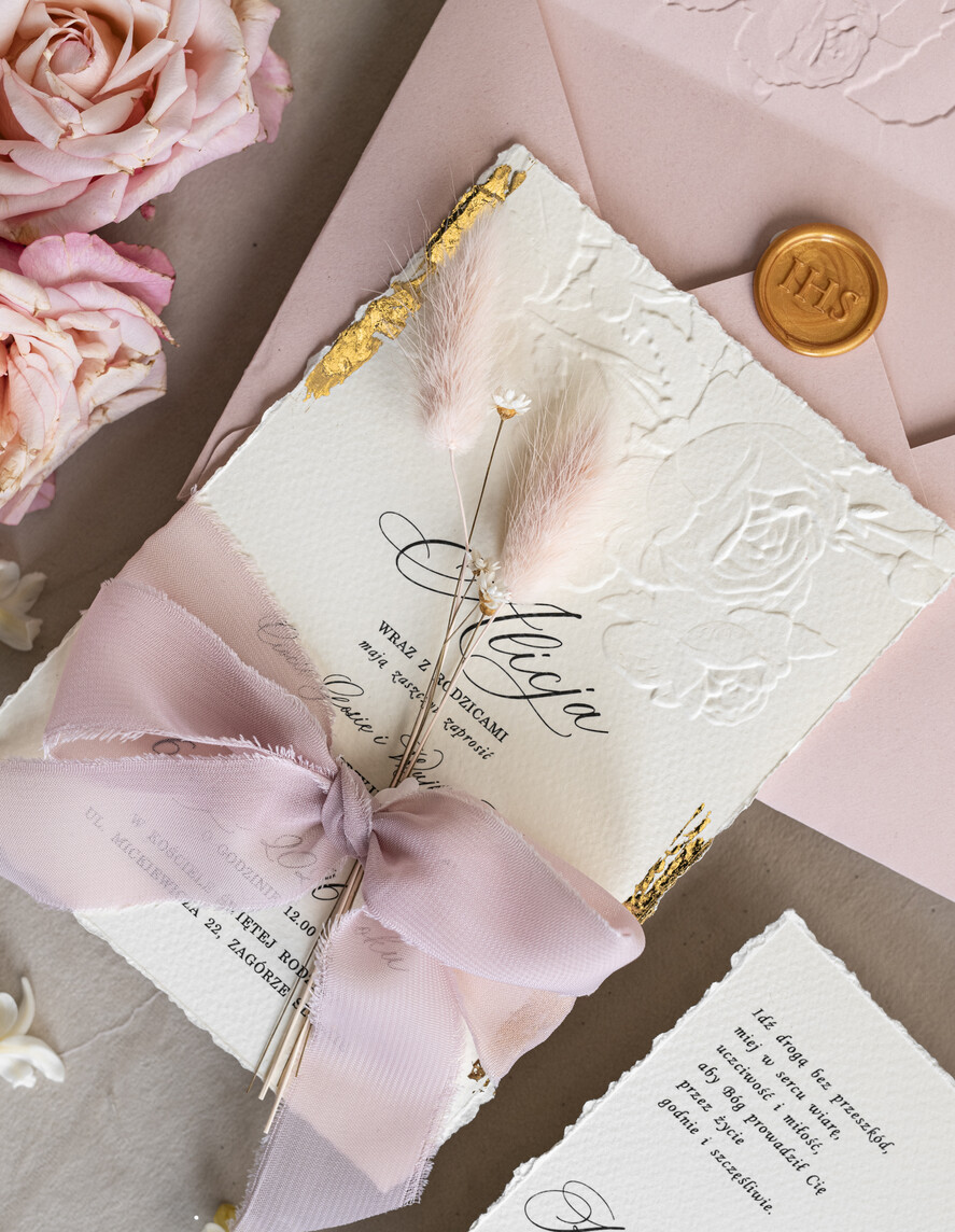 Zaproszenia na Komunię  dziewczynka  Różowe zaproszenia komunijne z dmuszkiem dla dziewczynki, zaproszenia na komunię ze wstążką, złote zaproszenia na komunię, zaproszenia na Pierwszą Komunię7