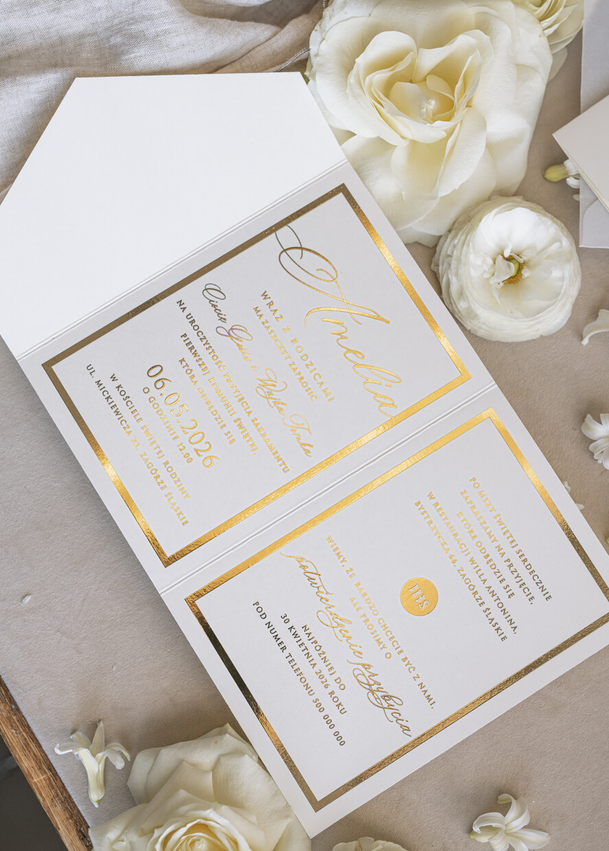 Zaproszenia na Komunię dla Dziewczynki dziewczynka  komunijne złote zaproszenia, zaproszenia na Pierwszą komunię składane w kopertę, zaproszenia na komunię dla dziewczynki, eleganckie zaproszenie na komunię1