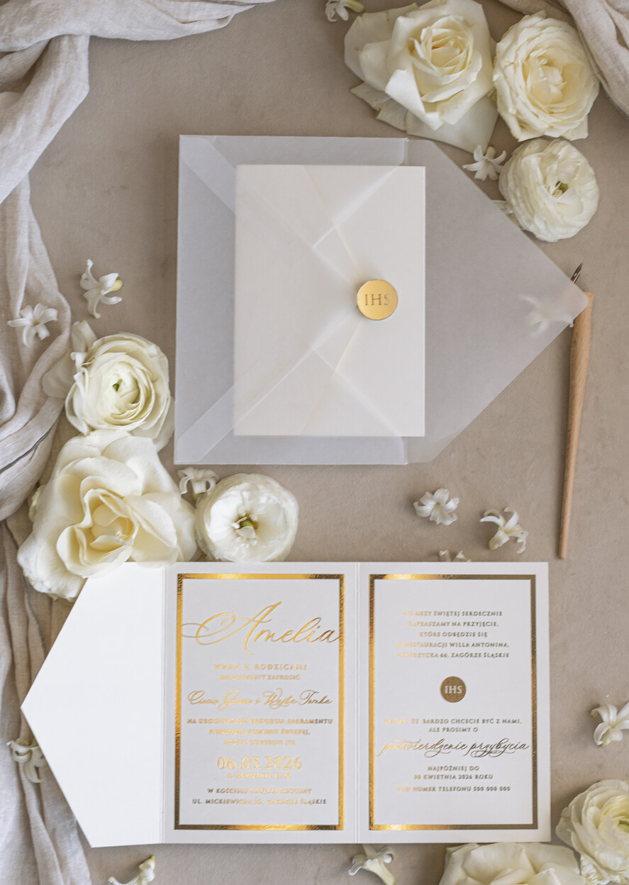 Zaproszenia na Komunię dla Dziewczynki dziewczynka  komunijne złote zaproszenia, zaproszenia na Pierwszą komunię składane w kopertę, zaproszenia na komunię dla dziewczynki, eleganckie zaproszenie na komunię2