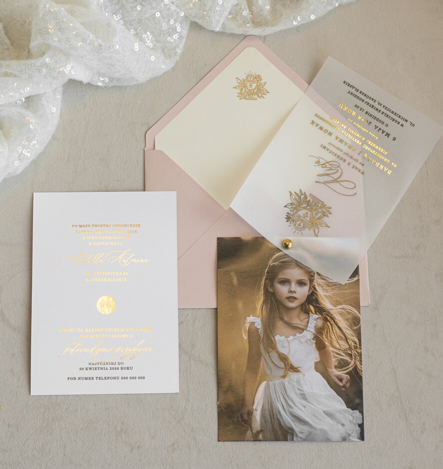 Zaproszenia na Komunię  dziewczynka  proste nowoczesne zaroszenia na komunię foto zaproszenia, komunijne ze zdjeciem kalkowe 2