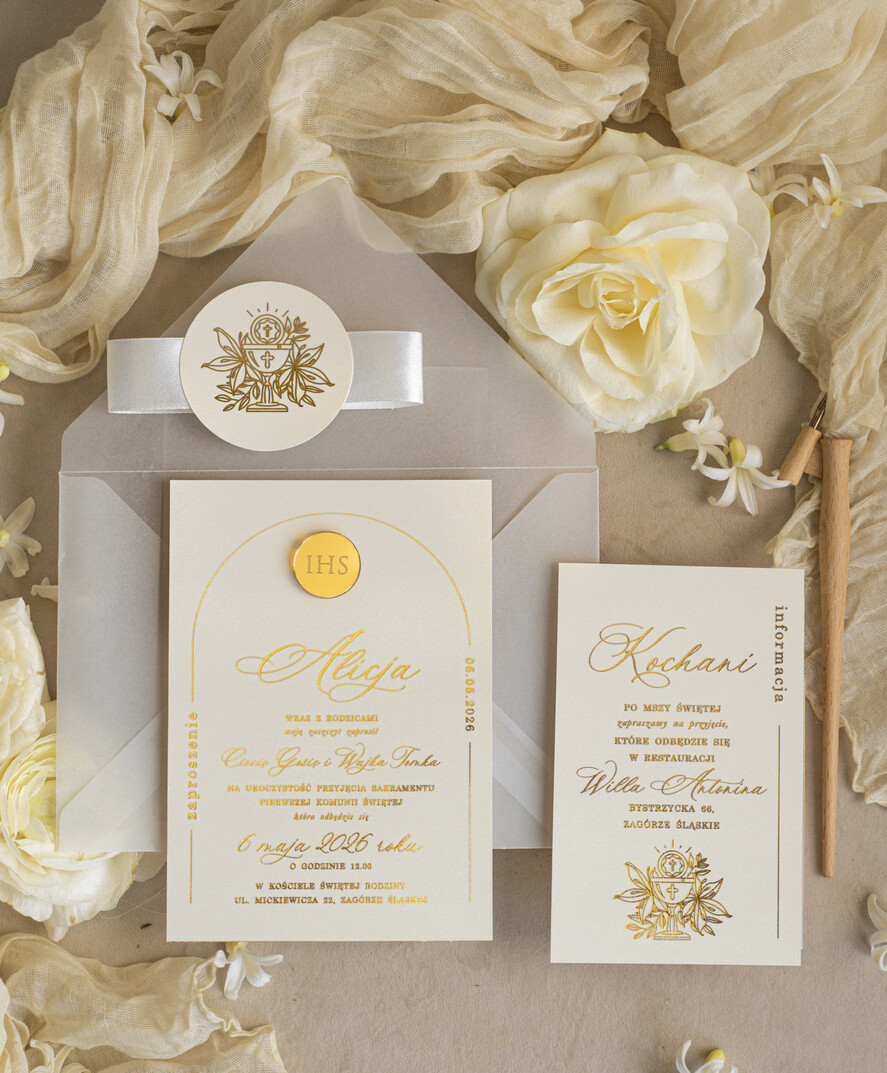 Zaproszenia na Komunię  dziewczynka  delikatne zaproszenie Komunijne, eleganckie zaproszenia na Komunię , Złote Zaproszenia na Komunię dla dziewczynki, zaproszenia Komunijne ze złotymi literami7