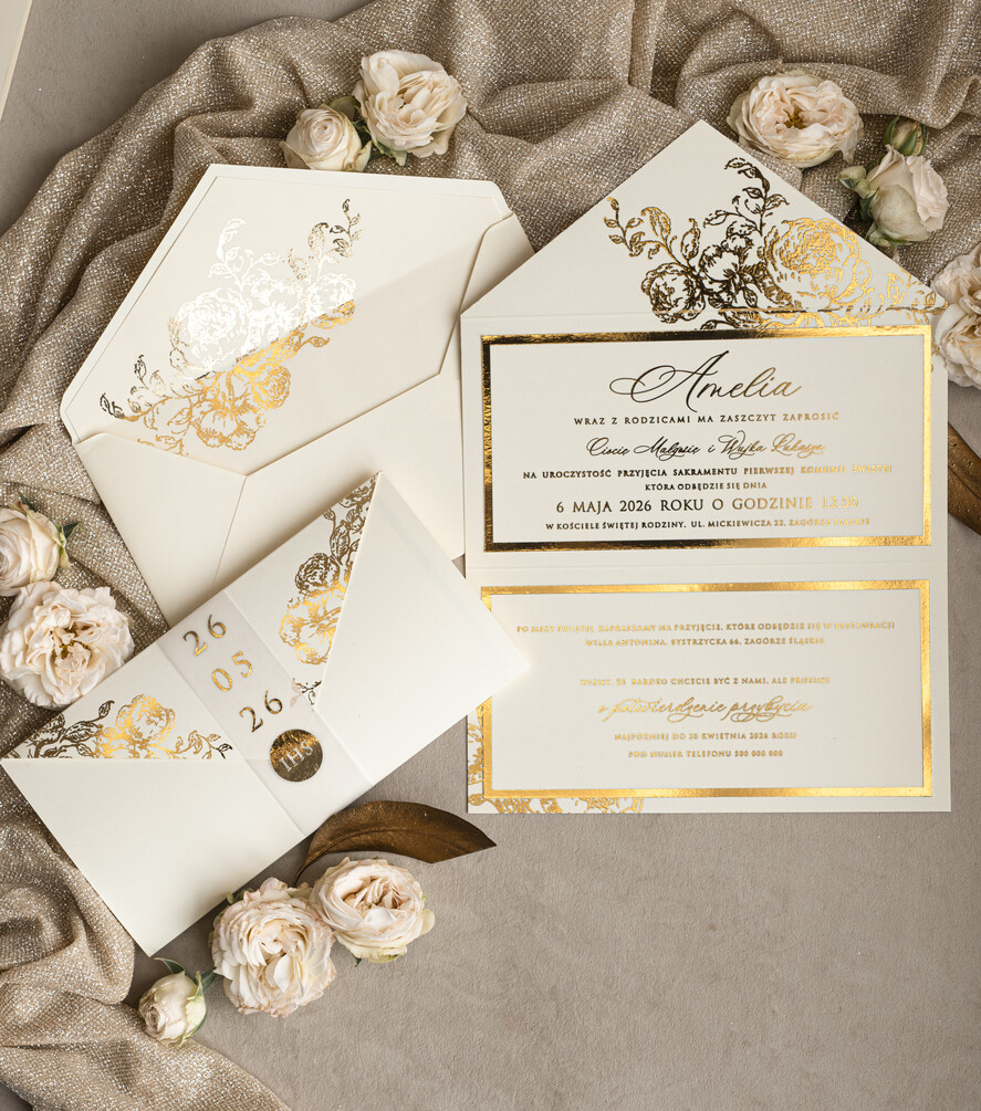 Zaproszenia na Komunię dla Dziewczynki dziewczynka  Nowoczesne zaproszenia na Komunię, Złote Zaproszenia na Komunię dla dziewczynki, Eleganckie zaproszenia Komunijne ze złotymi literami0