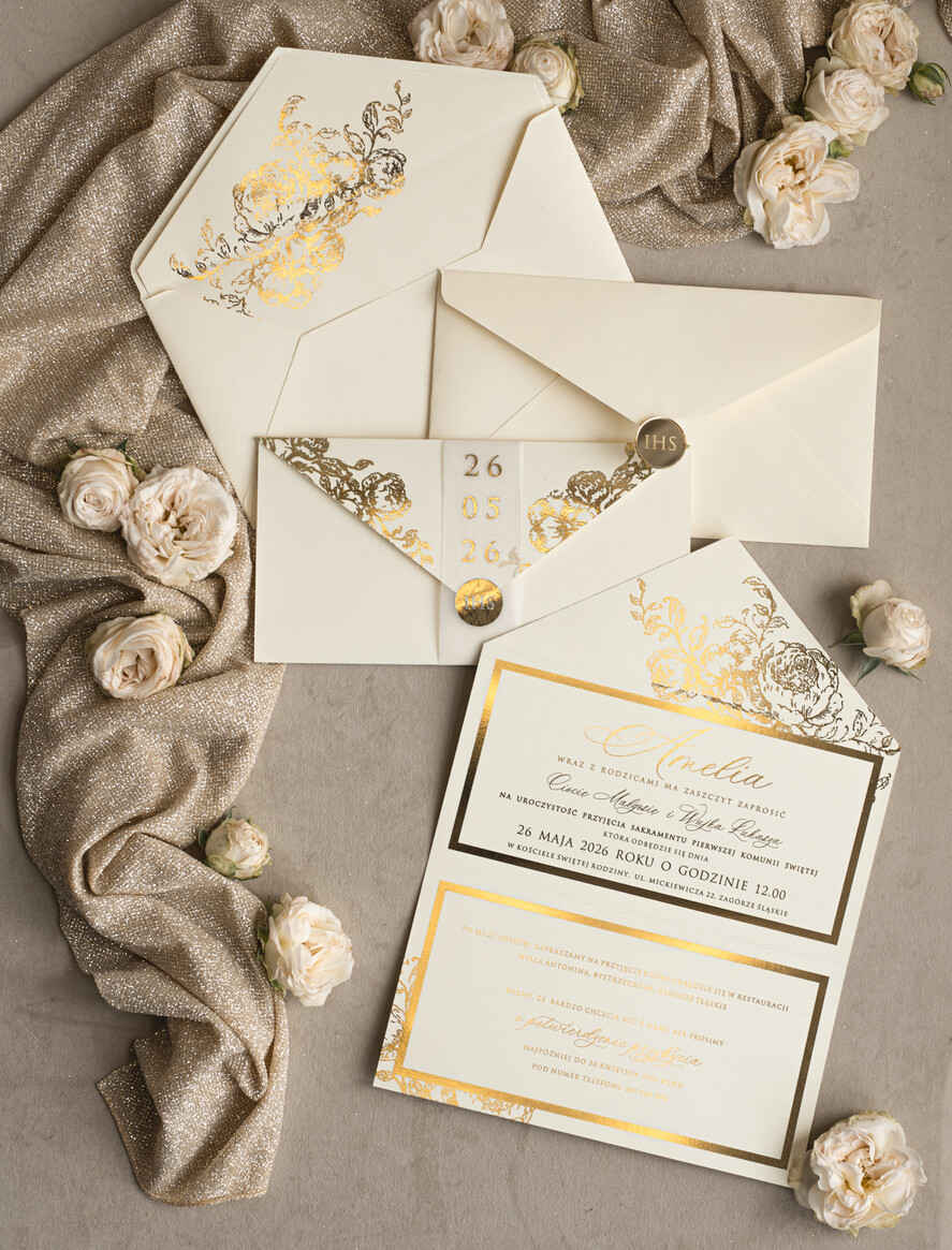 Zaproszenia na Komunię dla Dziewczynki dziewczynka  Nowoczesne zaproszenia na Komunię, Złote Zaproszenia na Komunię dla dziewczynki, Eleganckie zaproszenia Komunijne ze złotymi literami1