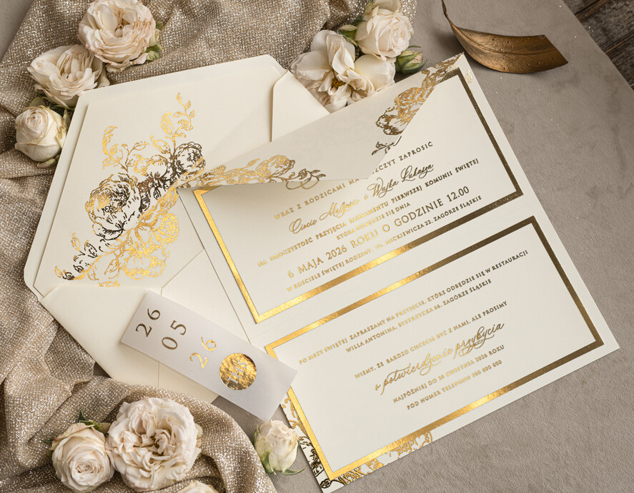 Zaproszenia na Komunię dla Dziewczynki dziewczynka  Nowoczesne zaproszenia na Komunię, Złote Zaproszenia na Komunię dla dziewczynki, Eleganckie zaproszenia Komunijne ze złotymi literami5