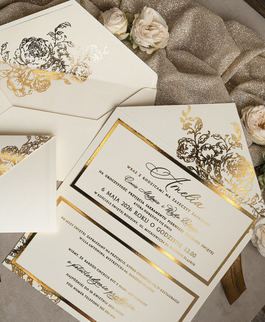 Zaproszenia na Komunię  dziewczynka  Nowoczesne zaproszenia na Komunię, Złote Zaproszenia na Komunię dla dziewczynki, Eleganckie zaproszenia Komunijne ze złotymi literami15
