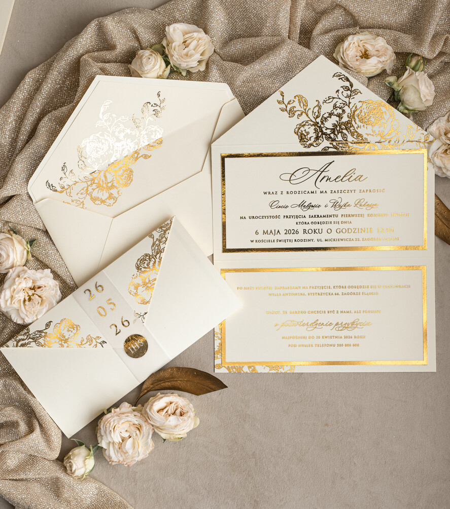 Zaproszenia na Komunię  dziewczynka  Nowoczesne zaproszenia na Komunię, Złote Zaproszenia na Komunię dla dziewczynki, Eleganckie zaproszenia Komunijne ze złotymi literami17