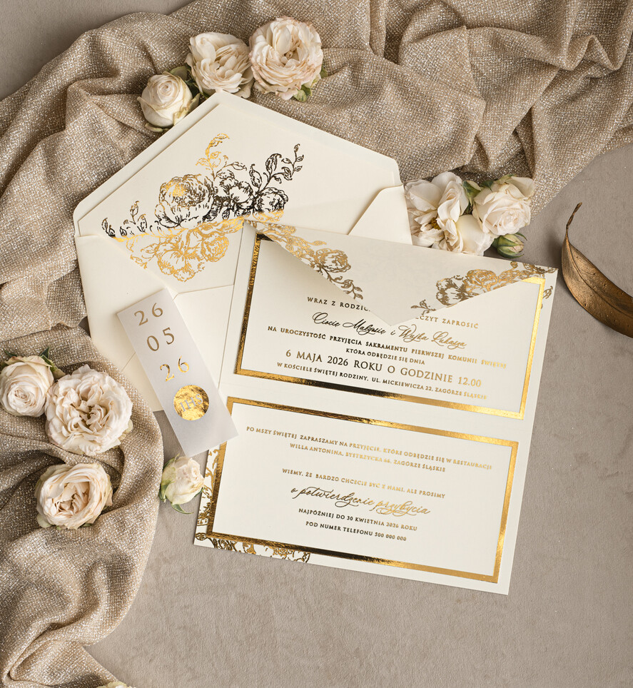 Zaproszenia na Komunię  dziewczynka  Nowoczesne zaproszenia na Komunię, Złote Zaproszenia na Komunię dla dziewczynki, Eleganckie zaproszenia Komunijne ze złotymi literami6
