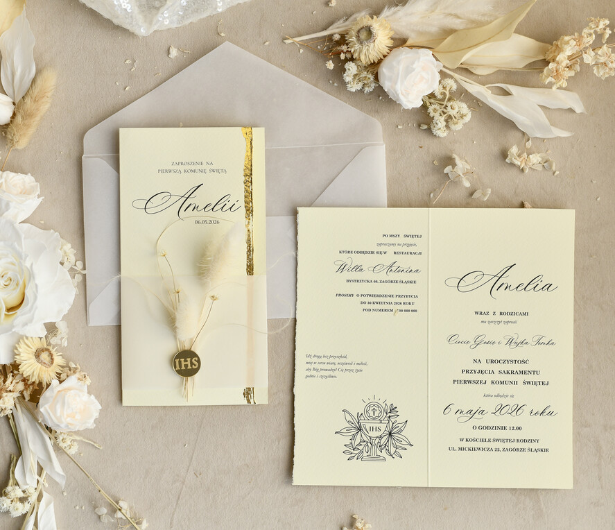 Zaproszenia na Komunię  dziewczynka  Podłużne różowe złocone zaproszenia na Komunię nowoczesne  Zaproszenia komunijne personalizowane3