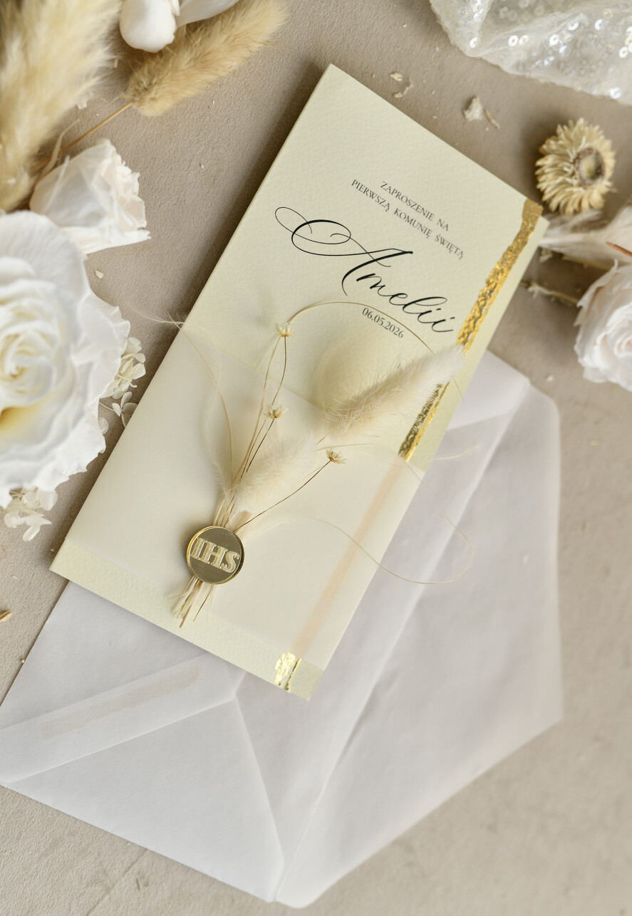 Zaproszenia na Komunię  dziewczynka  Podłużne różowe złocone zaproszenia na Komunię nowoczesne  Zaproszenia komunijne personalizowane6